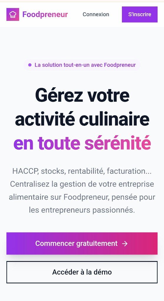 Foodpreneur — capture de l'application (hero mobile)